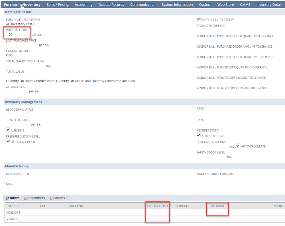 NetSuite Purchasing Inventory Purchase Price Vendors Preferred