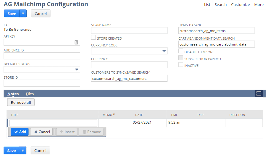 AG Mailchimp Configuration page.