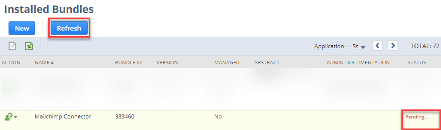 Installed Bundles page with Refresh and Pending highlighted.