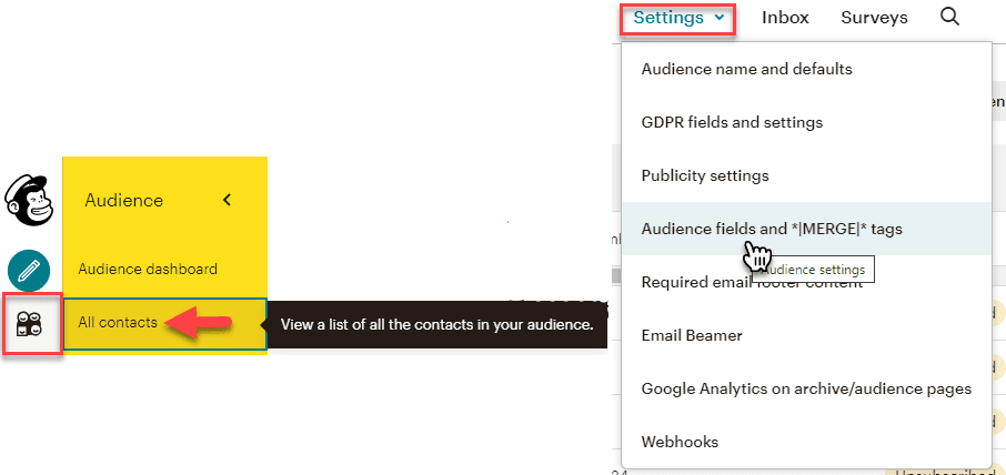 Mailchimp banner open indicating the all contacts page, with the settings bar open beside it.