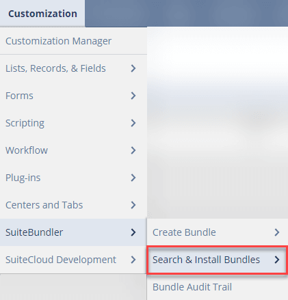 Customization banner open with Search & Install Bundles highlighted in red.