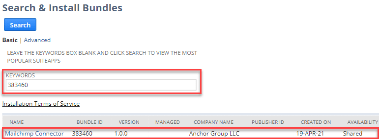 Search and Install Bundles page with the Keywords field highlighted.