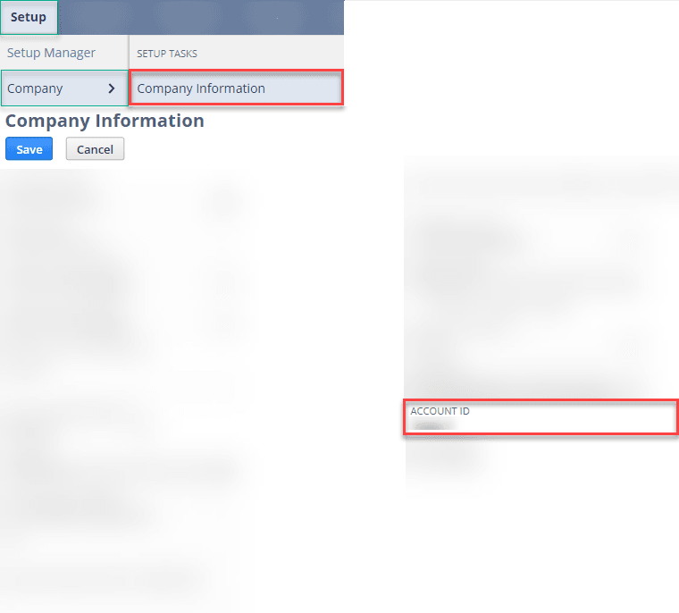 Company Information and Account ID fields highlighted on a Setup page.