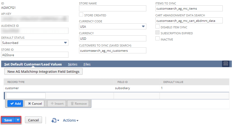 Page showing how to save the updated Mailchimp configuration.