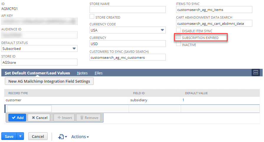 Form showing the Subscription Expires Checkbox, highlighted.