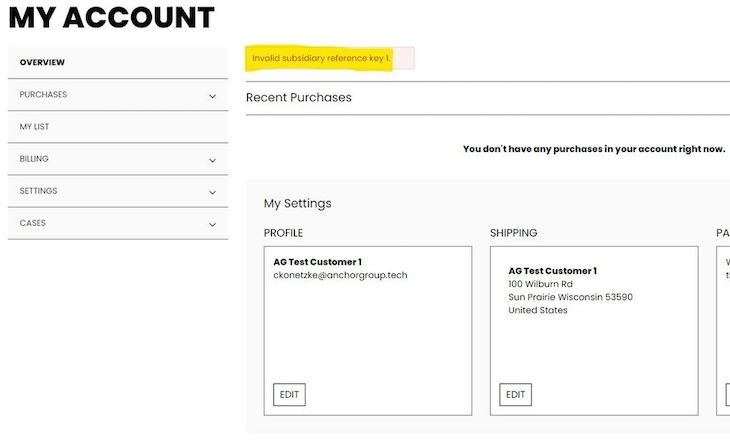 My Account Error Invalid Subsidiary Reference Key