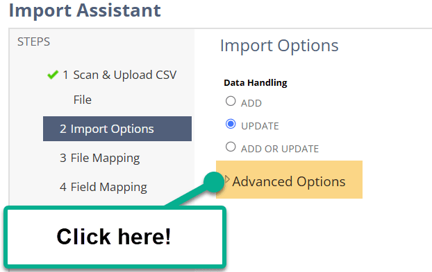 Import Assistant page with the Advanced Options button highlighted with the message Click here!