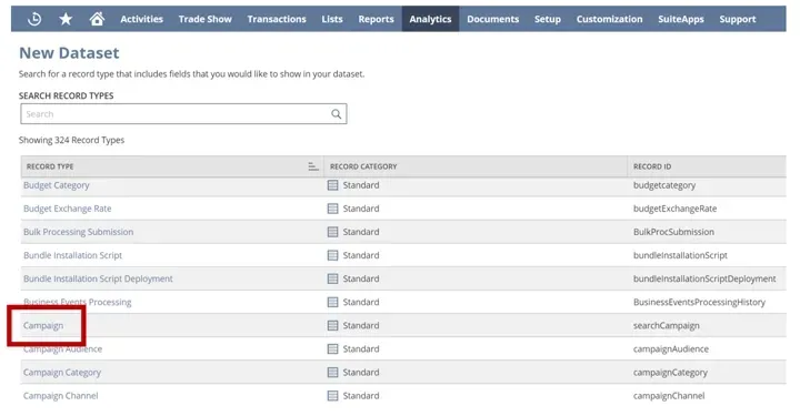New Dataset page with the Campaign button highlighted.