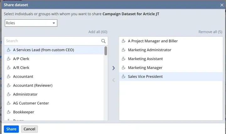 Share dataset page with Search bar showing the dropdown menu.