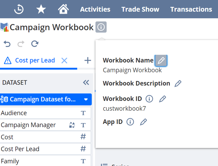 Campaign Workbook page showing the Dataset and various configurations.