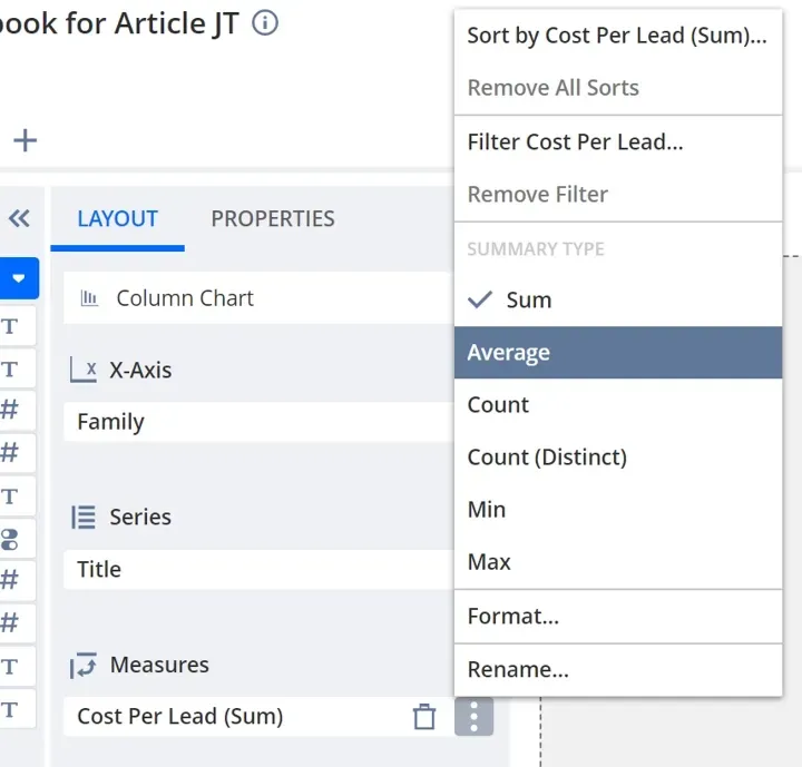 Look for Article JT, with Sort by Cost dropdown menu and the Average button pressed.