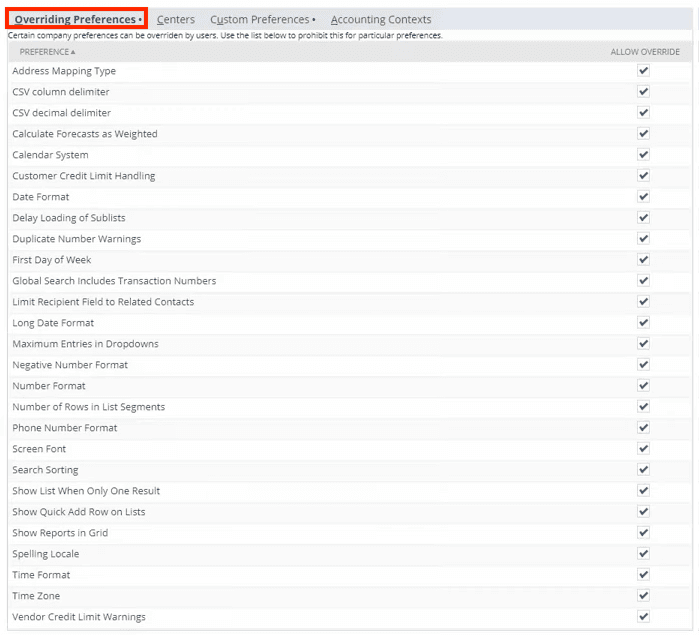 NetSuite Configuration page with the Overriding Preferences button highlighted in red.