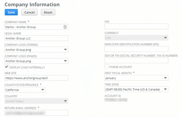 Company information page with example information filling the values.