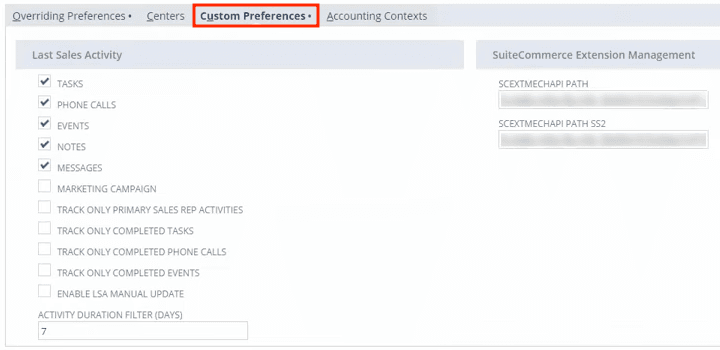 Custom Preferences highlighted in red, with some checkboxes marked.