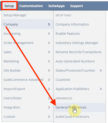 Setup tab pressed, with Company open and an arrow pointing at General Preferences.
