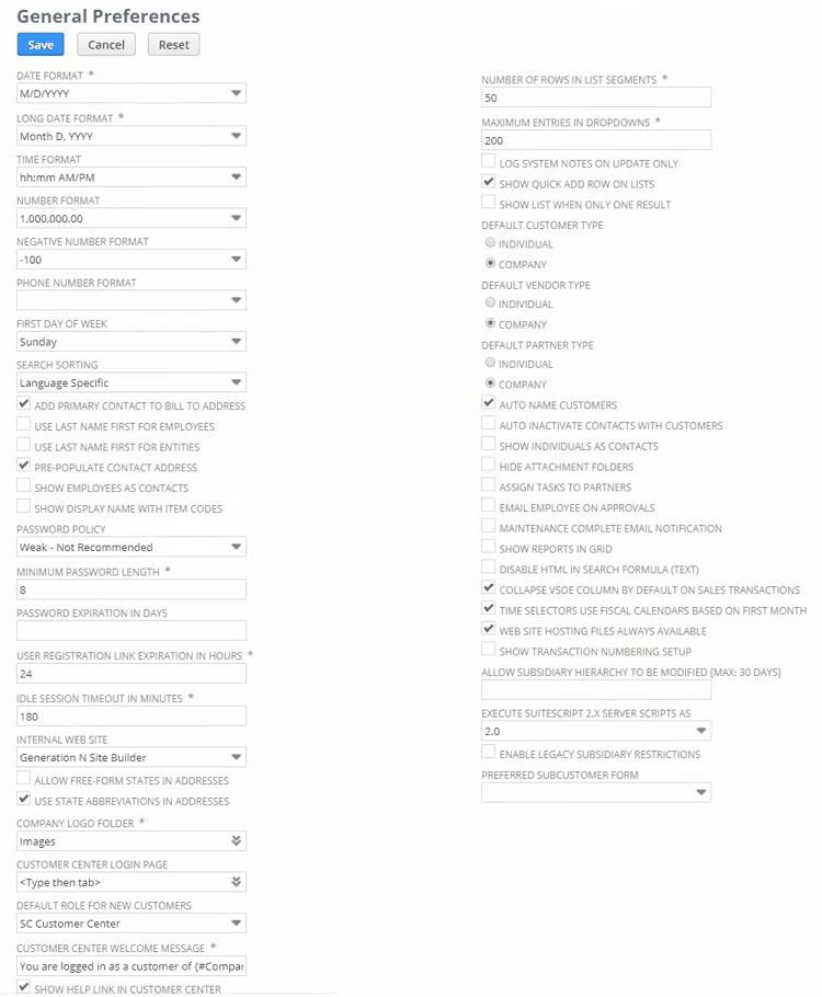 General Preferences page with example configurations.