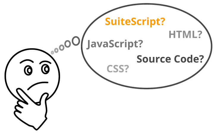 A thinking face with a thought bubble regarding SuiteScript and HTML.