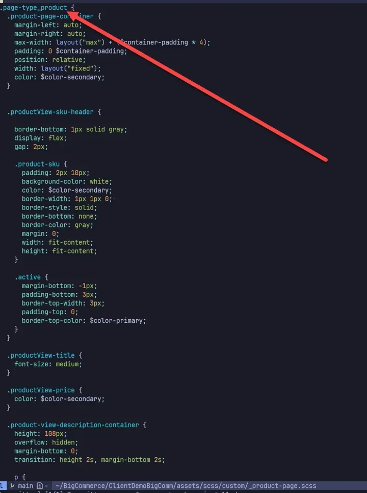 Example .js file with an arrow pointing to a page type product line.