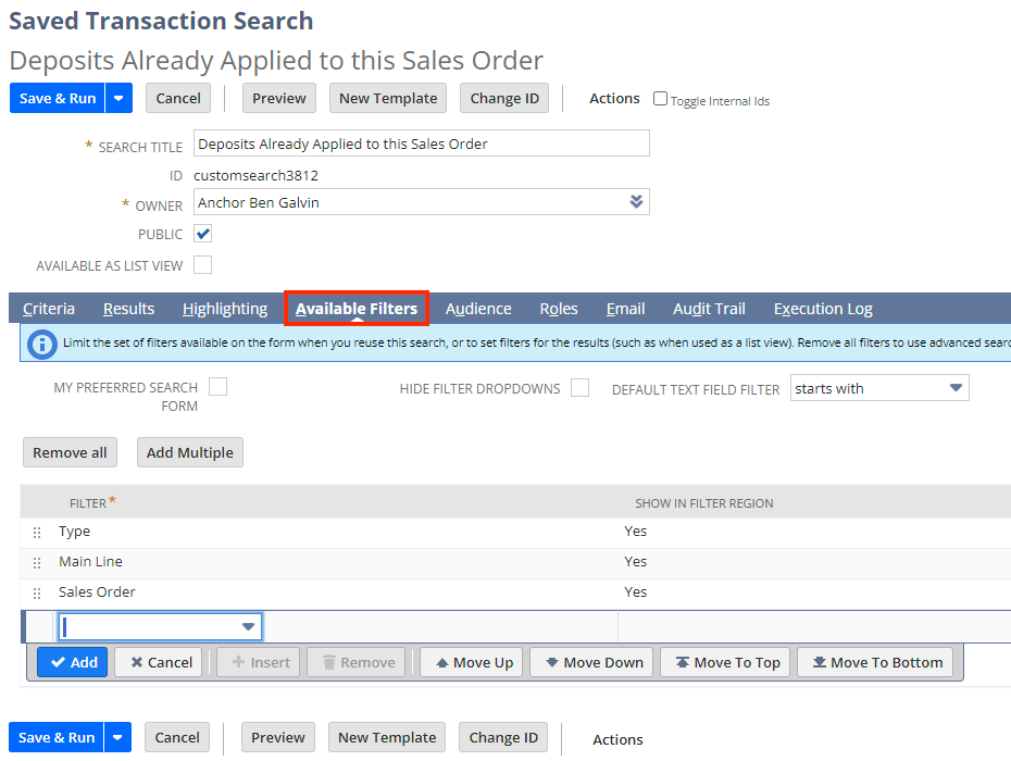 Saved Transaction Search page with Available Filters button highlighted in red.