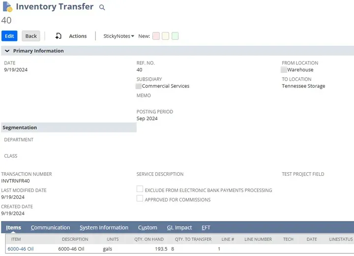 A screenshot of an Inventory Transfer page.