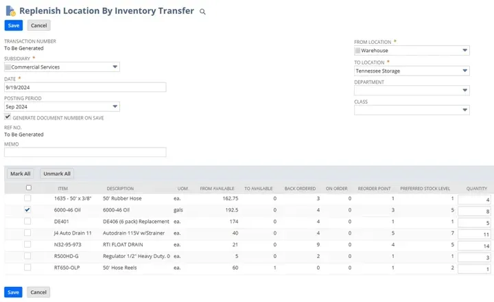 Replenish Location by Inventory Transfer page screenshot.