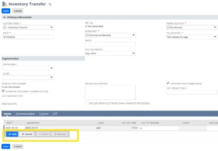 Inventory Transfer page with the Save, Cancel, and related buttons highlighted.