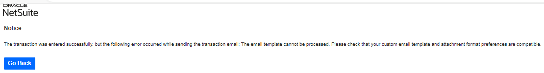 Custom invoice form failing delivered via email shows this notice.