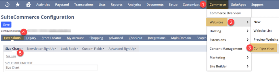 SuiteCommerce Configuration page with multiple elements numbered.