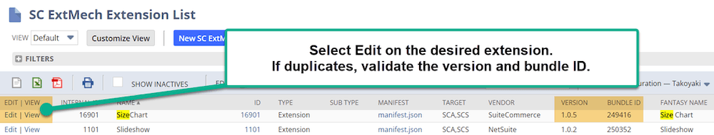 SC ExtMech Extensions List screenshot with highlighted buttons.