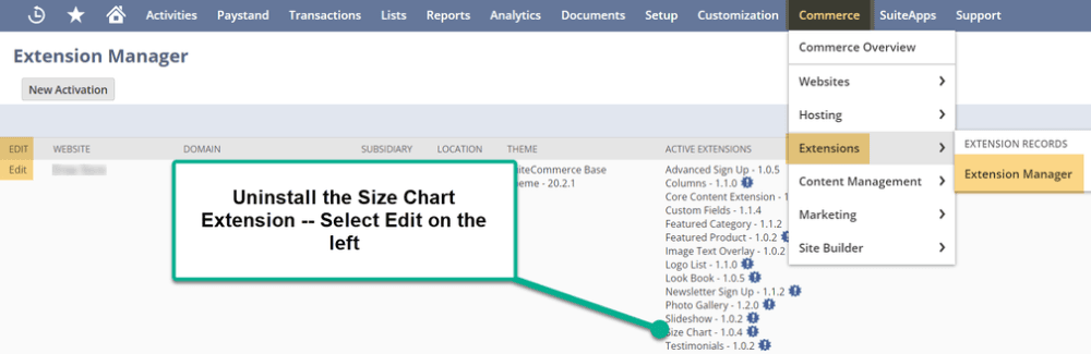 Uninstall Size Chart on the Extension Manager page.