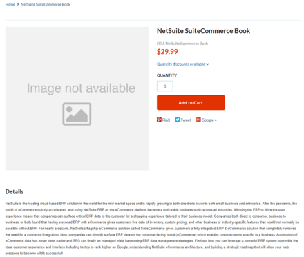A page for purchasing a NetSuite SuiteCommerce book for 29.99.