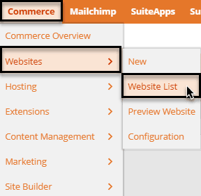 A website menu with the Commerce page button and Websites to Website List.
