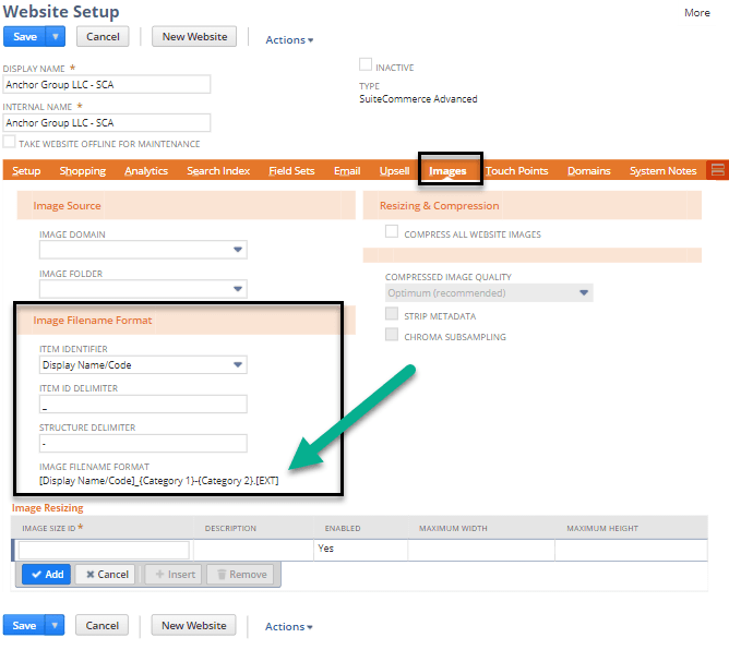 Website Setup page with several values on the Images tab highlighted.
