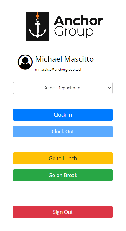 AnchorGroup NetSuite timeclock employee page.