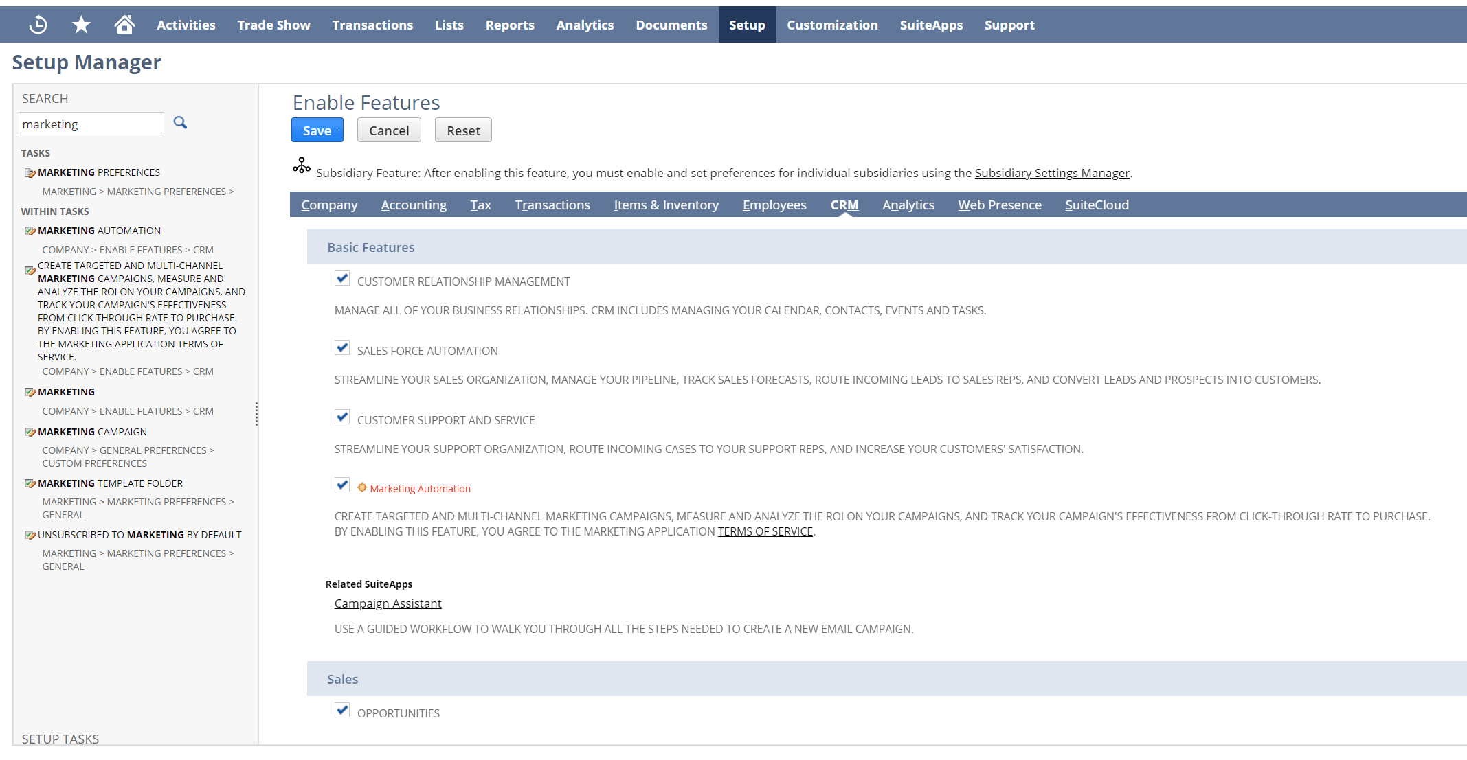 Setup Manager to Enable Features on the Dashboard.