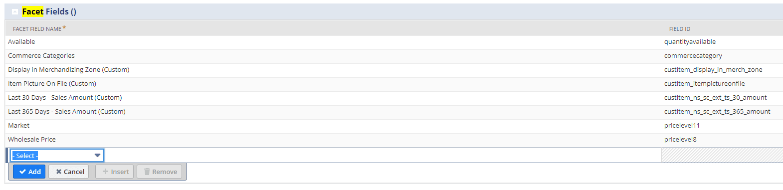 A search screen on SuiteCommerce titled Facet Fields.