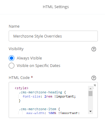 HTML settings page with Visibility on and an example of HTML code.