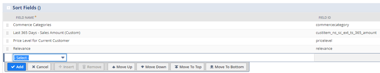 Sort Fields page with an example search value.