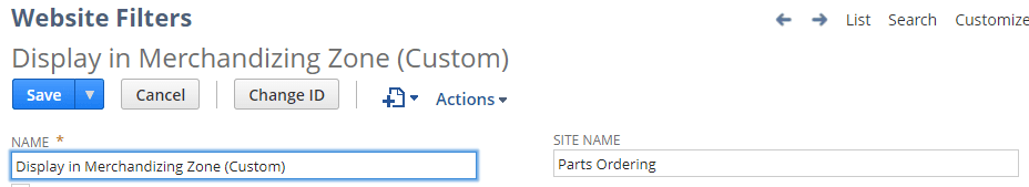 Website Filters screenshot with an example in the Name value.
