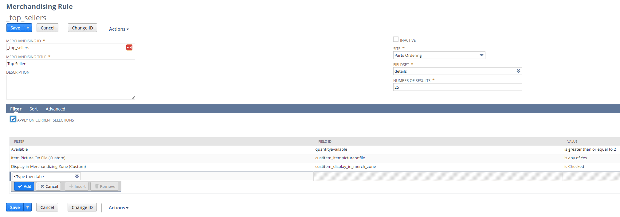 Merchandising Rule page on SuiteCommerce.