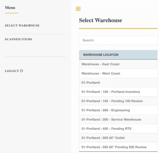 Inventory Scanning Select Warehouse