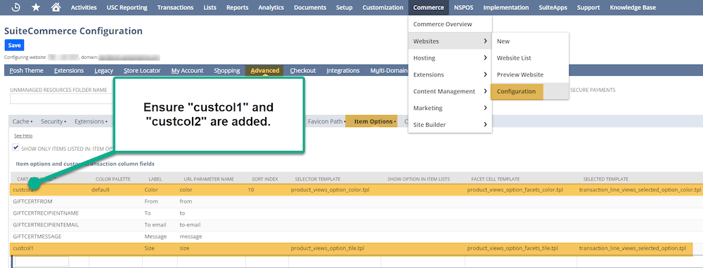 SuiteCommerce Configuration Ensure Item Options Fields are Added