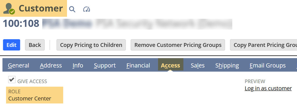 NetSuite Customer Access Role Customer Center