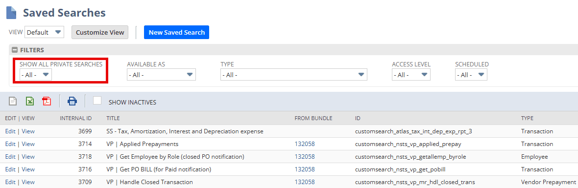 All Private Saved Searches NetSuite