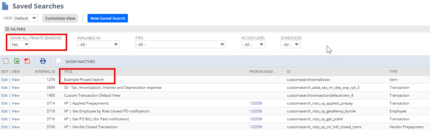Yes Show All Private Searches Example NetSuite
