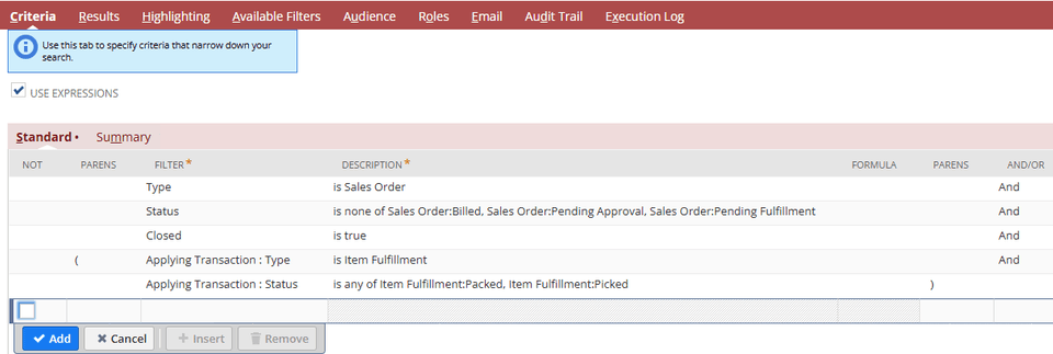 NetSuite Criteria Use Expressions Standard