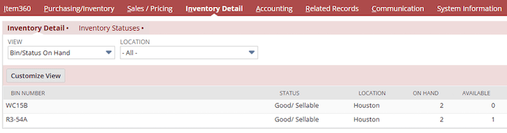 NetSuite Inventory Detail Bin Status On Hand