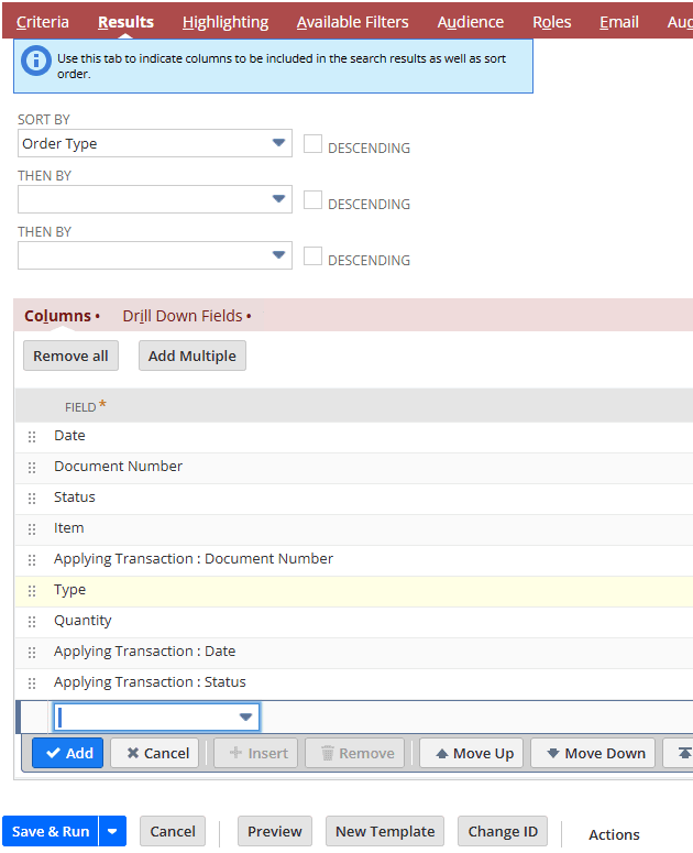 NetSuite Results Order Type Columns