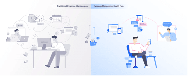 Two images show individuals working on computers; one features a man seated at a desk focused on his screen.