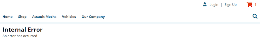 Internal Error popup message.